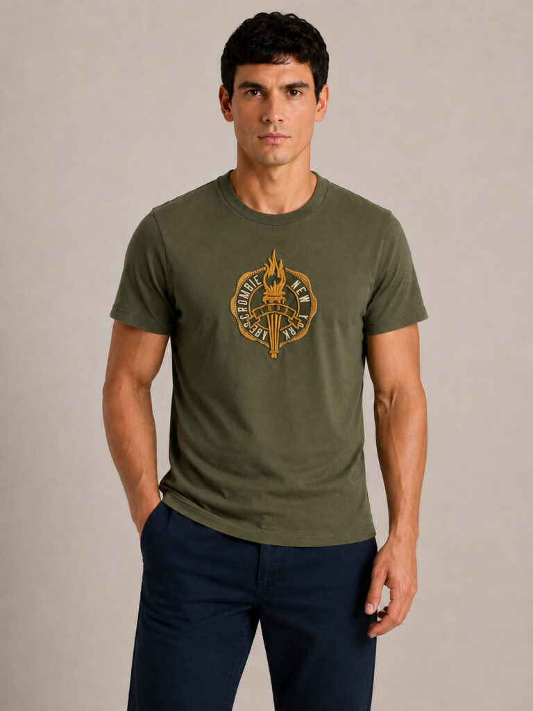 Camiseta Masculina Abercrombie Verde Militar com Bordado