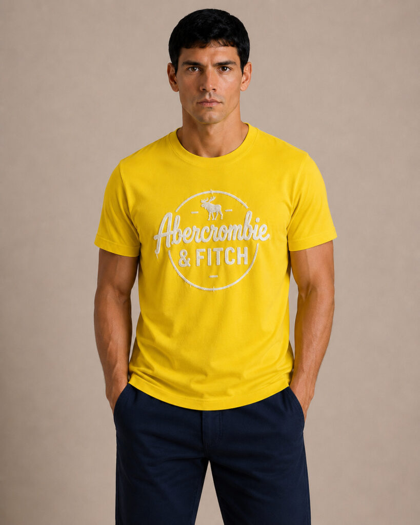 Camiseta Masculina Abercrombie Amarela com Bordado Frontal