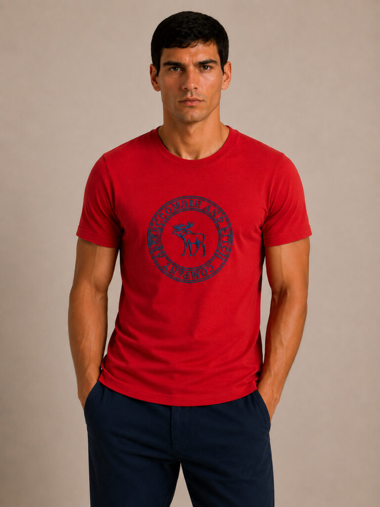 Camiseta Masculina Abercrombie Vermelha com Bordado Circular