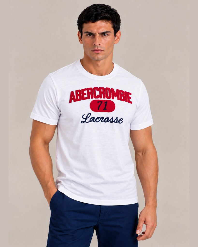 Camiseta Masculina Abercrombie Branca Bordada Lacrosse 71