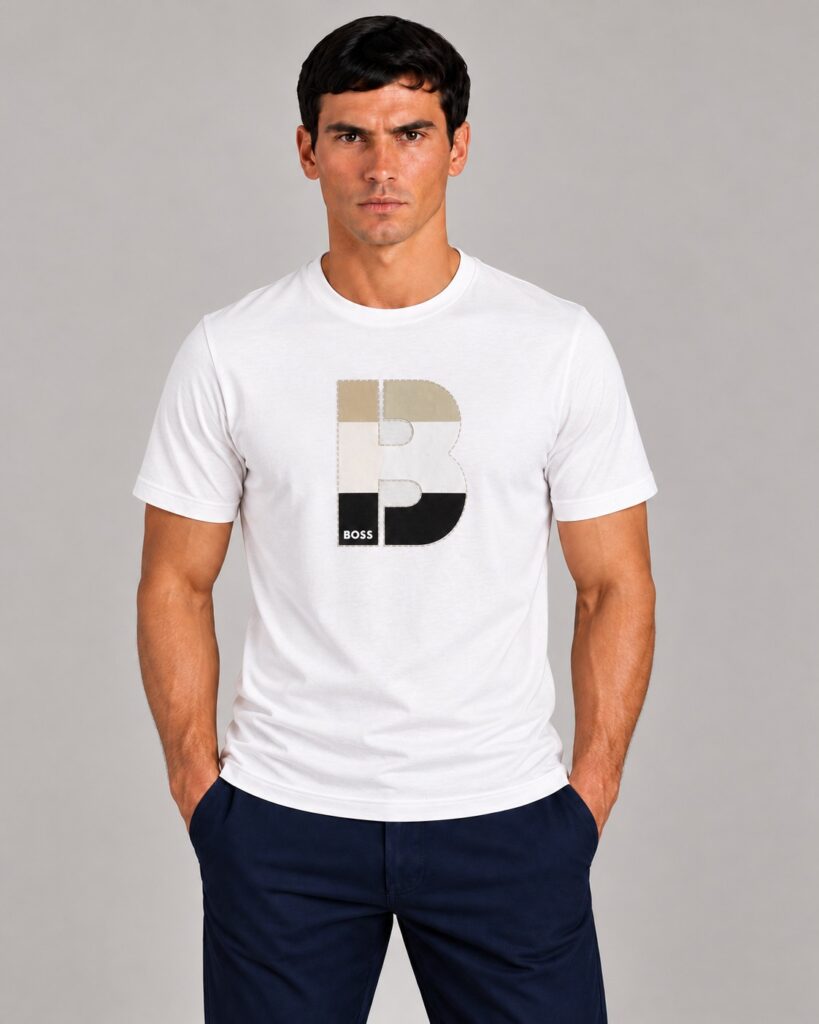 Camiseta Masculina Hugo Boss Branca Estampa B Tricolor