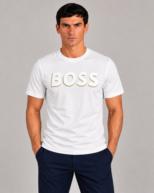 Camiseta Masculina Hugo Boss Branca Estampa BOSS Dourada