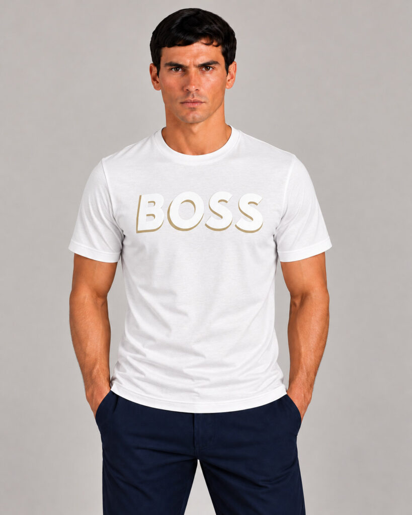 Camiseta Masculina Hugo Boss Branca Estampa BOSS Dourada