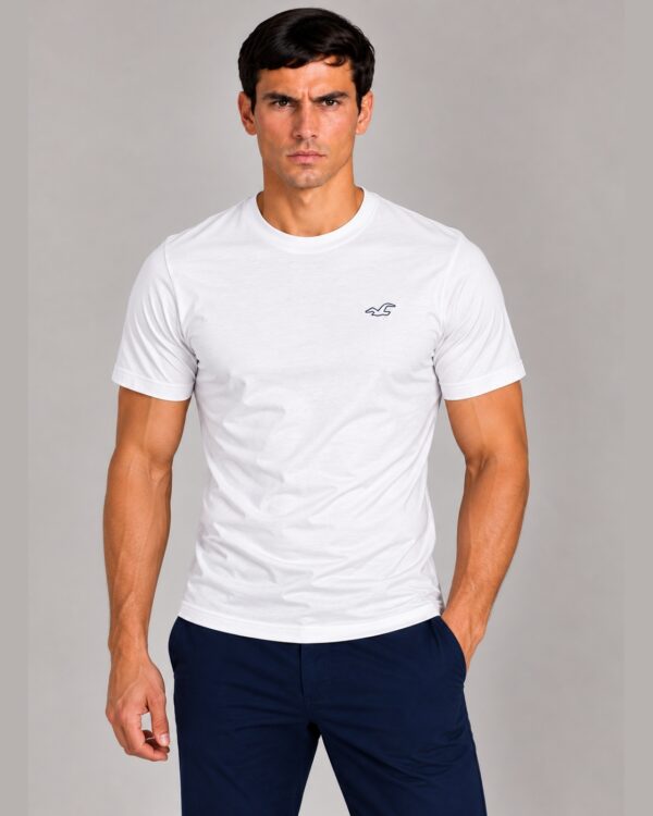 Camiseta Masculina Hollister Preta Bordada Logo Gaivota BRANCO