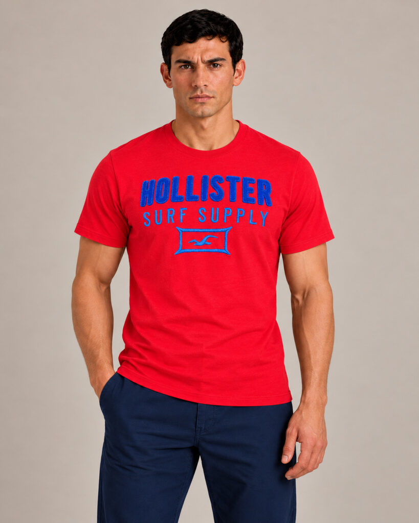 Camiseta Masculina Hollister Vermelha Bordada Surf Supply