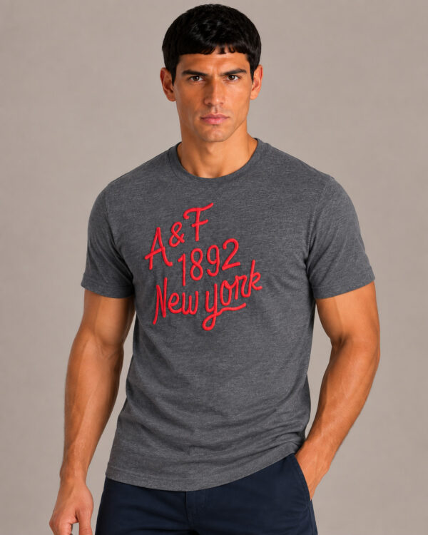 Camiseta Masculina Abercrombie Cinza Bordada A&F 1892 New York CINZA CHUMBO